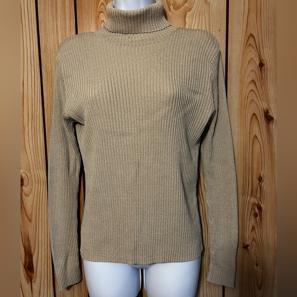 Doncaster Women’s Silk Sweater Tan/Gold Metallic L Ribbed Turtleneck Long Sleeve